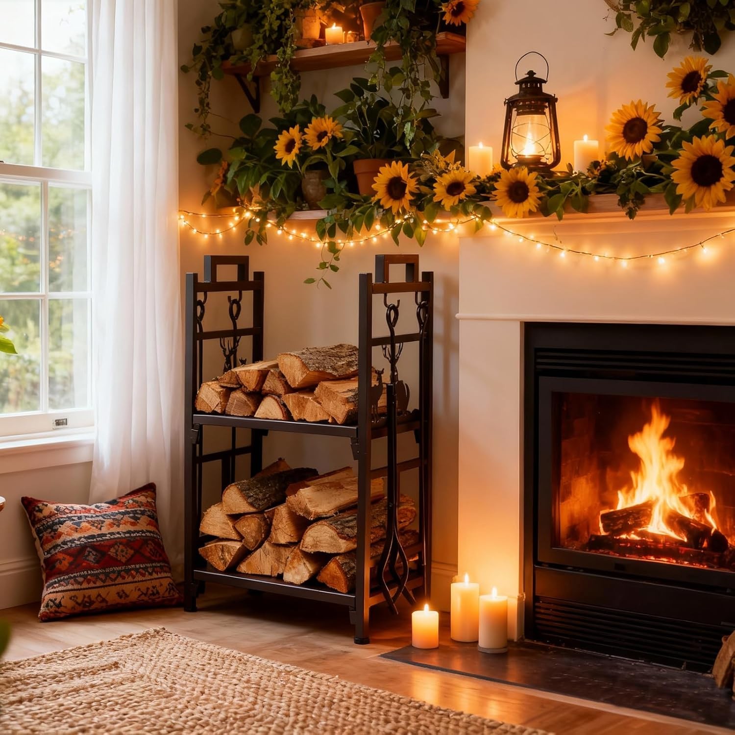 2-Tier Firewood Log Rack,Iron Lumber Storage Holder, Wood Pile Stacker Organizer