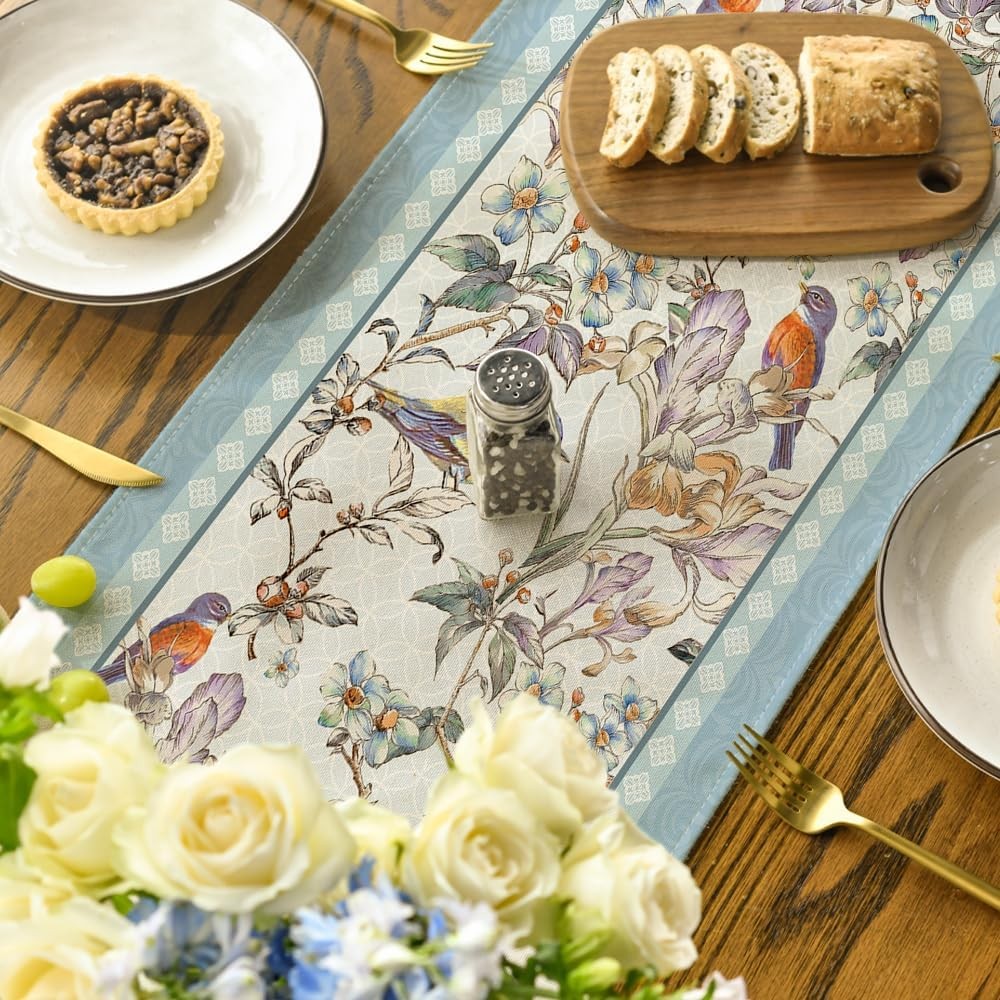 Artoid Mode Blue Birds Flowers Blossom Table Runner, Seasonal Spring Floral Kitc