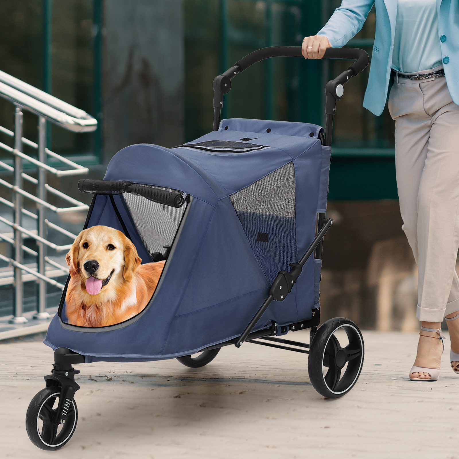 Folding Dog Stroller Blue Portable Pet Travel Carrier Cart w/Foot Activated Lock