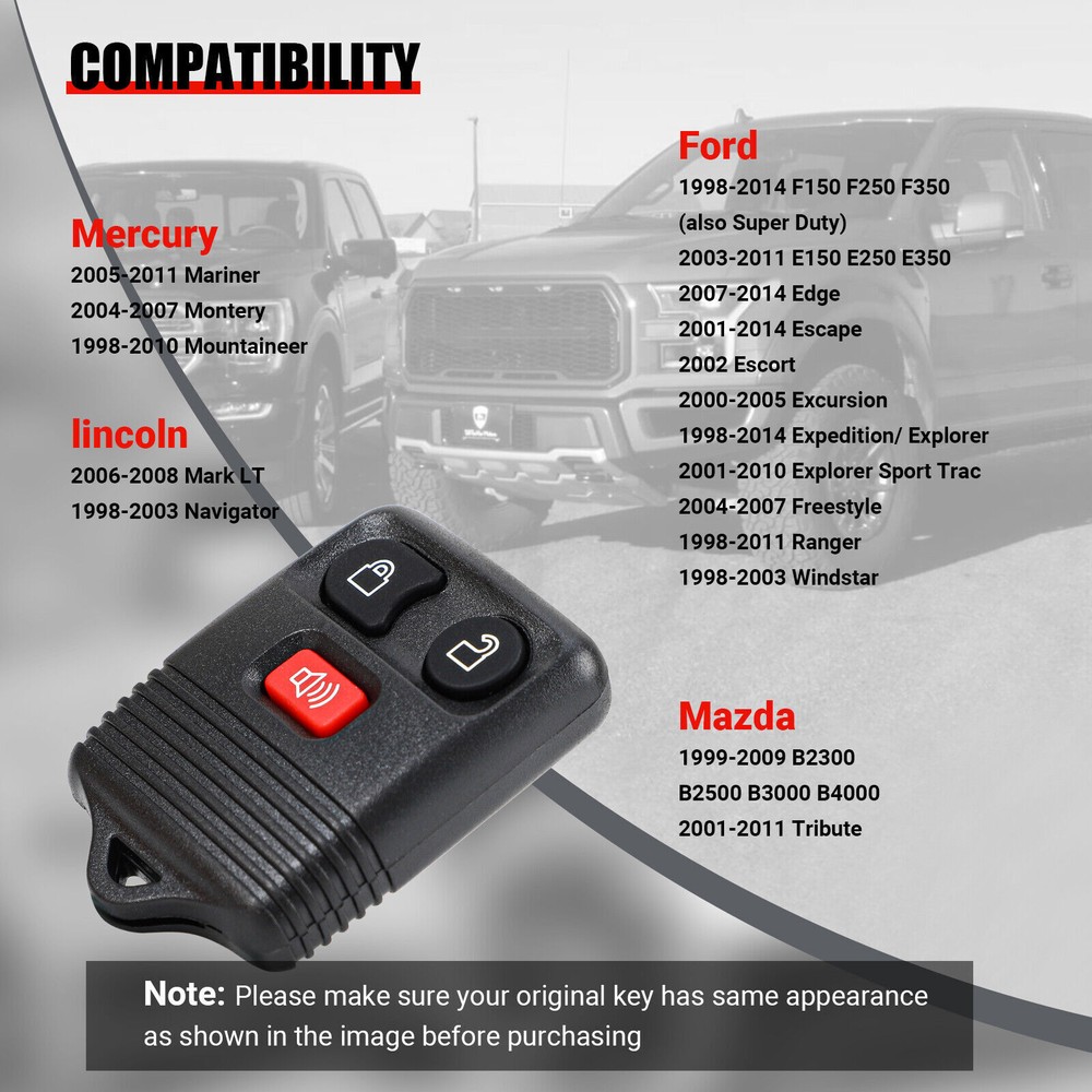 2 Replacement Keyless Entry Remote Control Car Key Fob Clicker Transmitter Alarm