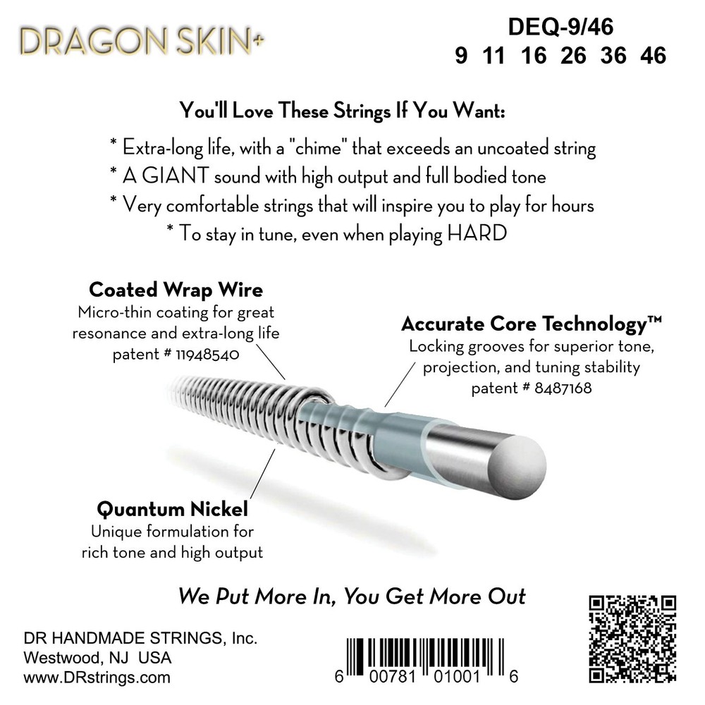DR Strings DRAGON SKIN+ Coated Electric Guitar Strings Light to Medium 9-46