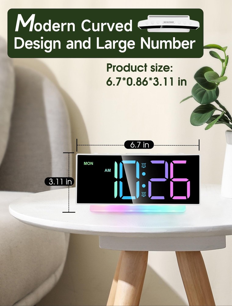 Heavy Sleeper Alarm Clock Large Display 7-Color Light Adjustable White+Dyn