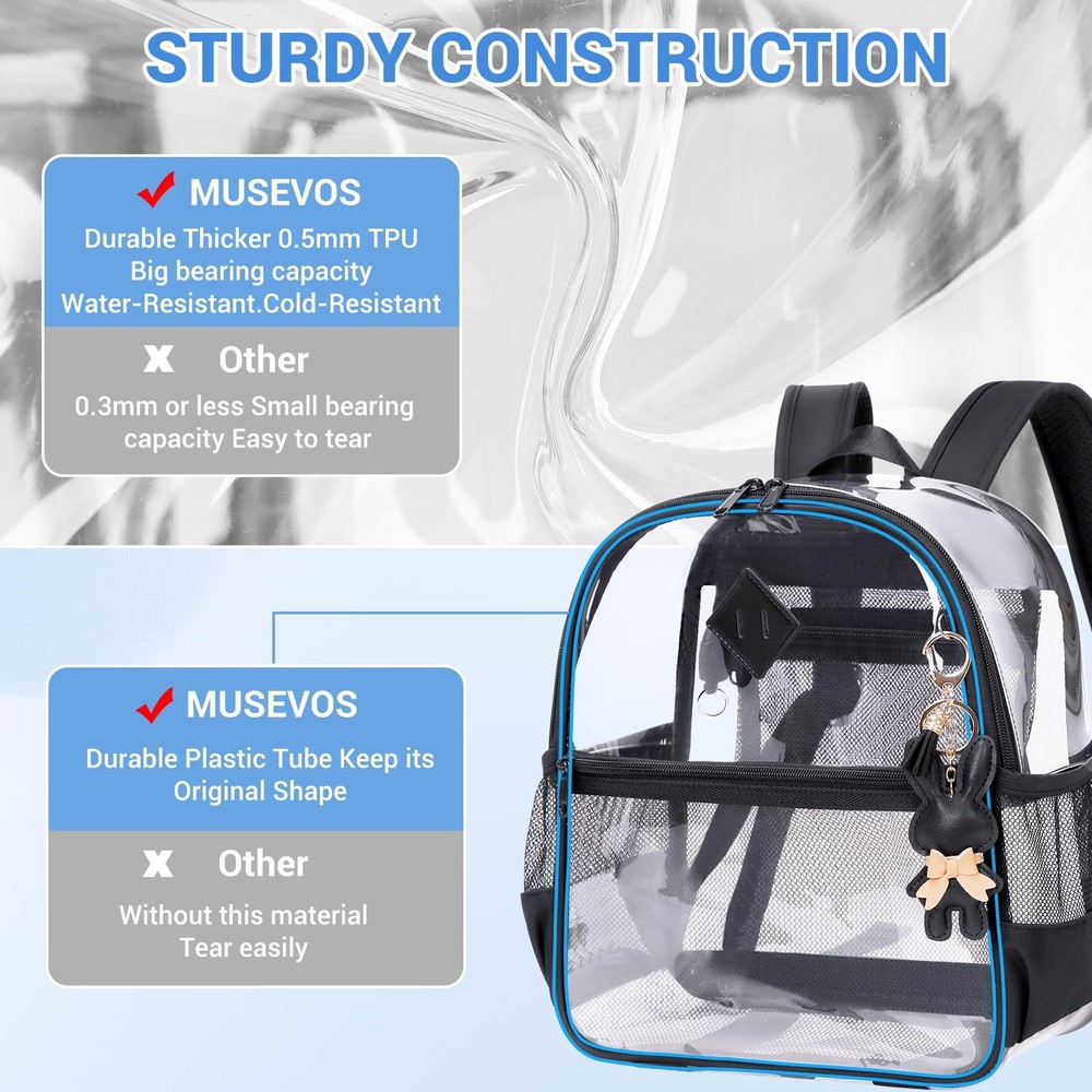 MUSEVOS Clear Backpack for Stadium Events Approved Small, Black Transparent