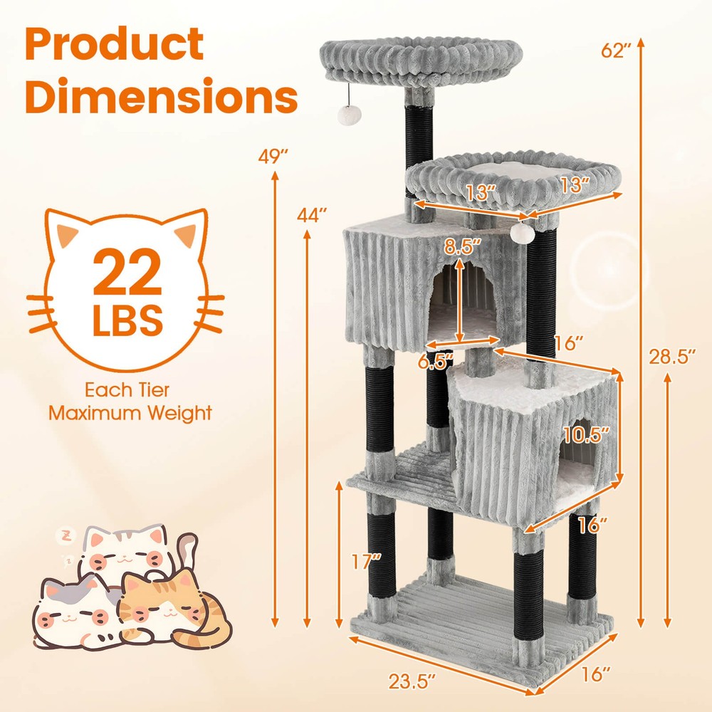 Large Multi-level Cat Tree w/2 Condos, 2 Perch Beds, Scratching Posts, Balls