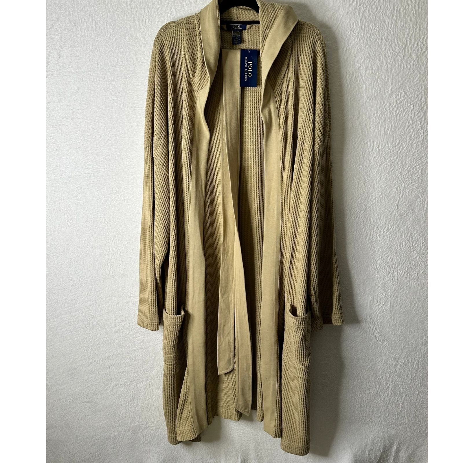 Polo Ralph Lauren Robe Mens Waffle Knit Hooded Classic Khaki Big Pony