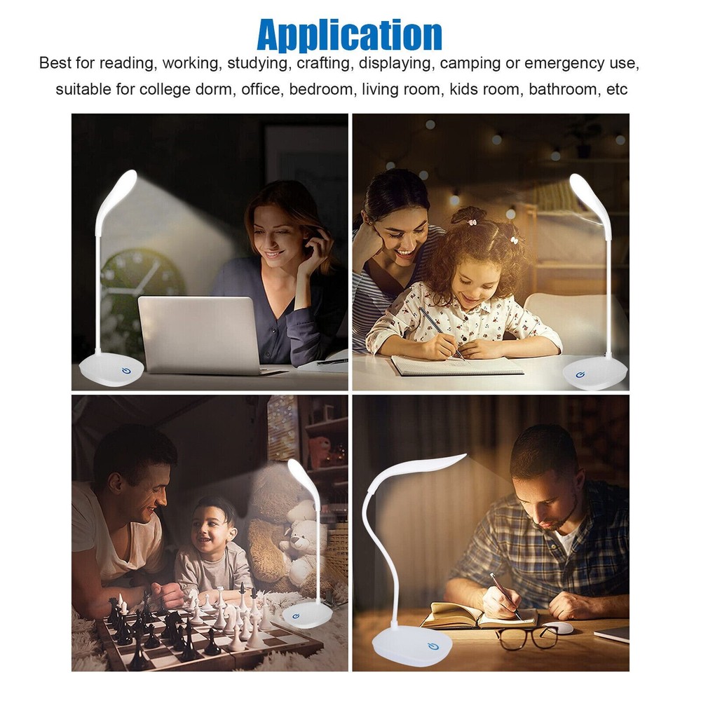USB LED Desk Light Dimmable Bedside Reading Lamp Rechargeable Touch Control USA