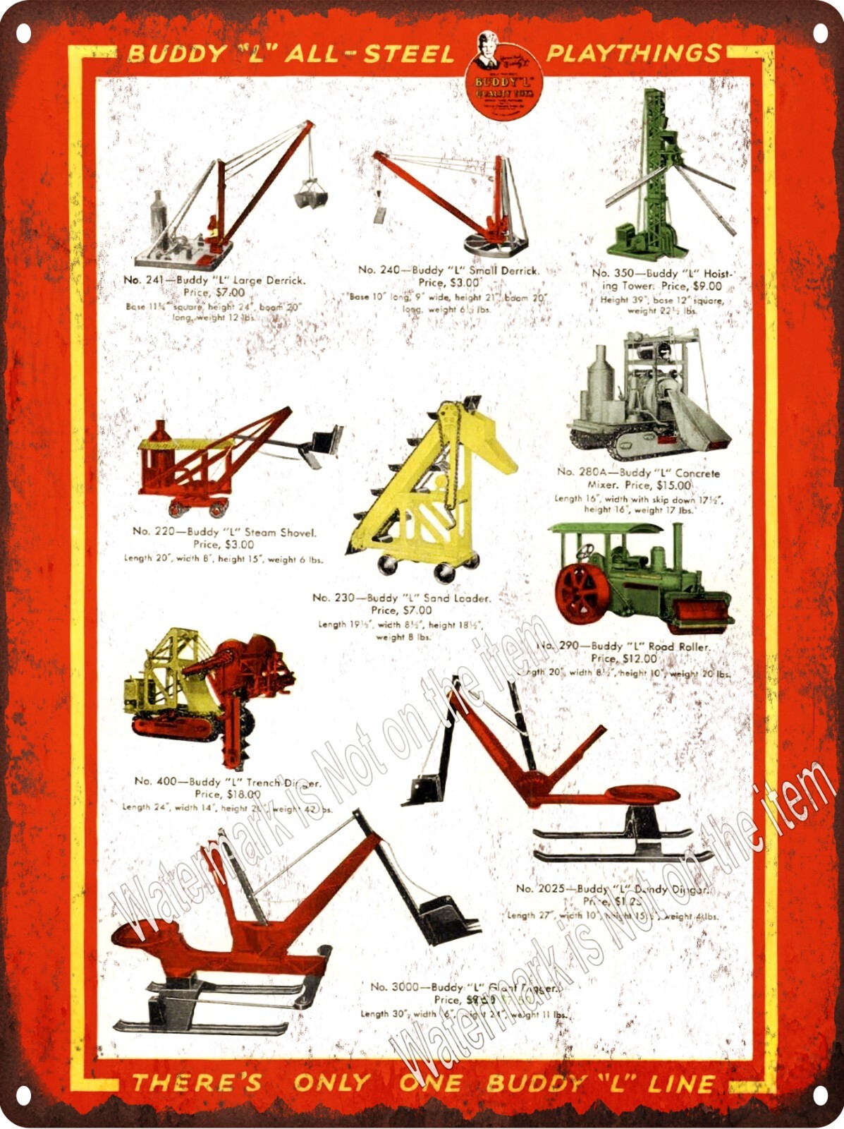 1931 Buddy L  Toy steel Hoist Digger Shovel Trench Road Metal Sign 9x12" A896