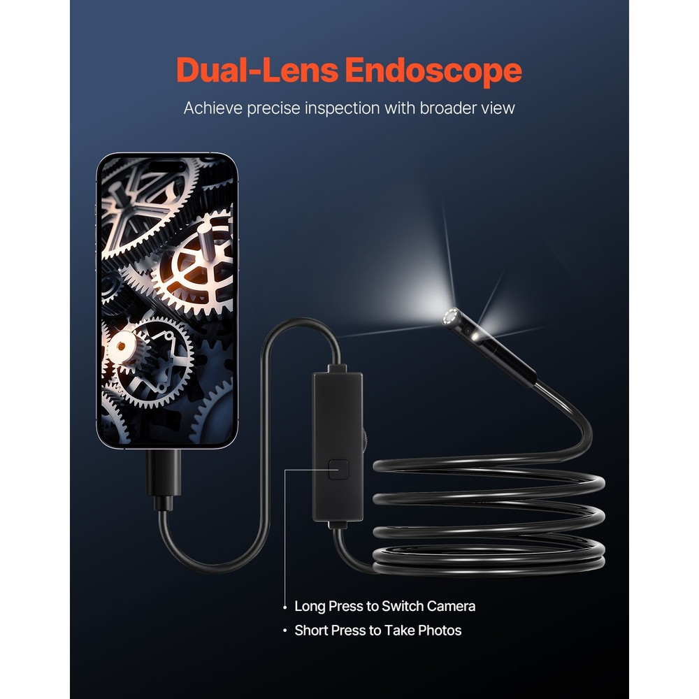 Dual Lens Borescope Endoscope Camera for Android IOS & 10FT Snake Cable