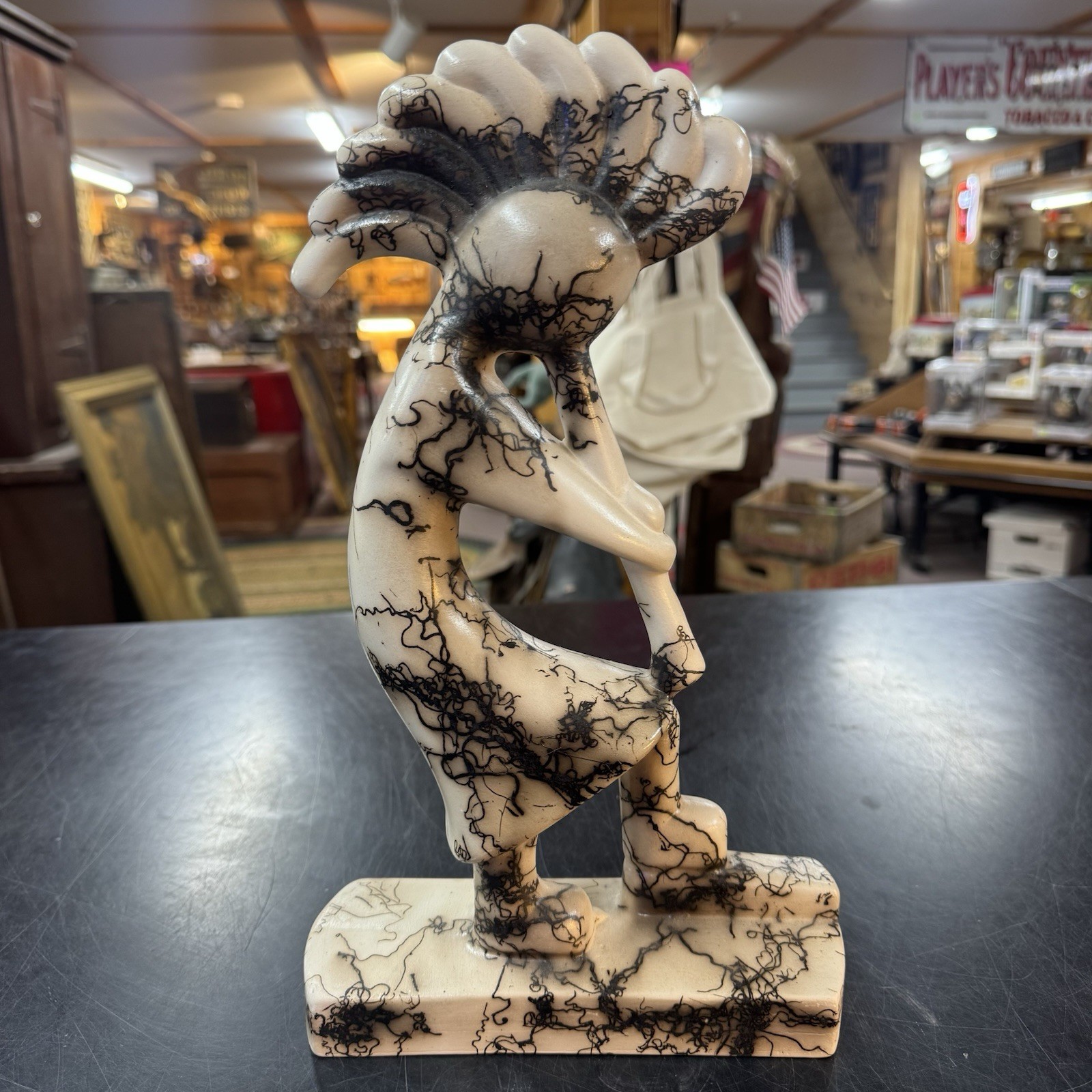 Native American Pottery Horse Hair Kokopelli Sculpture by Vail