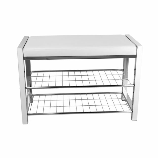 Danya B. White Leatherette Storage Entryway Bench With Chrome Frame
