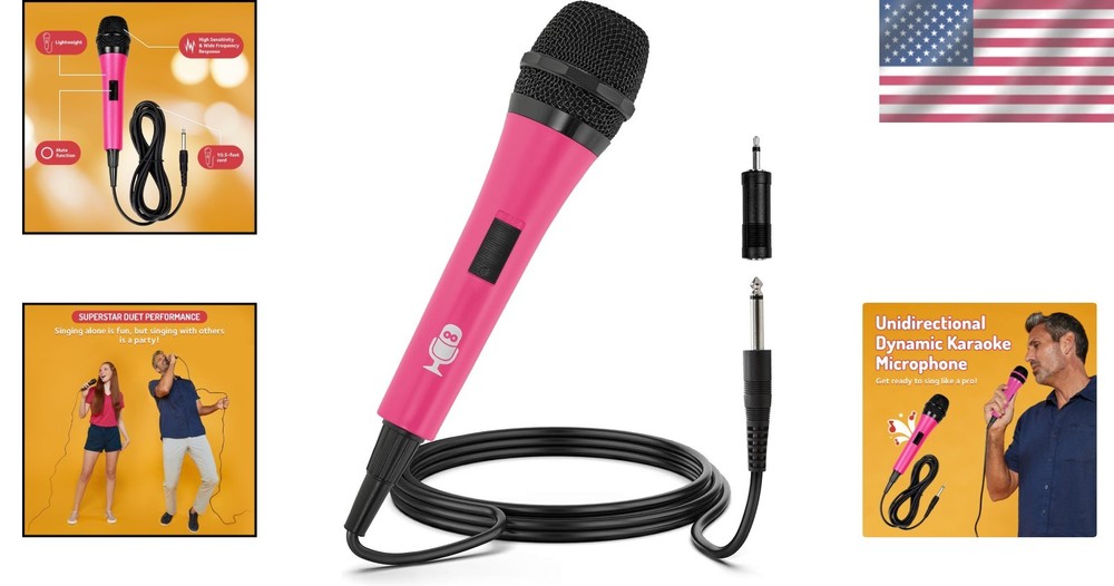 Dynamic Unidirectional Pink Microphone for Karaoke – Mute Function & 10.5ft Cord