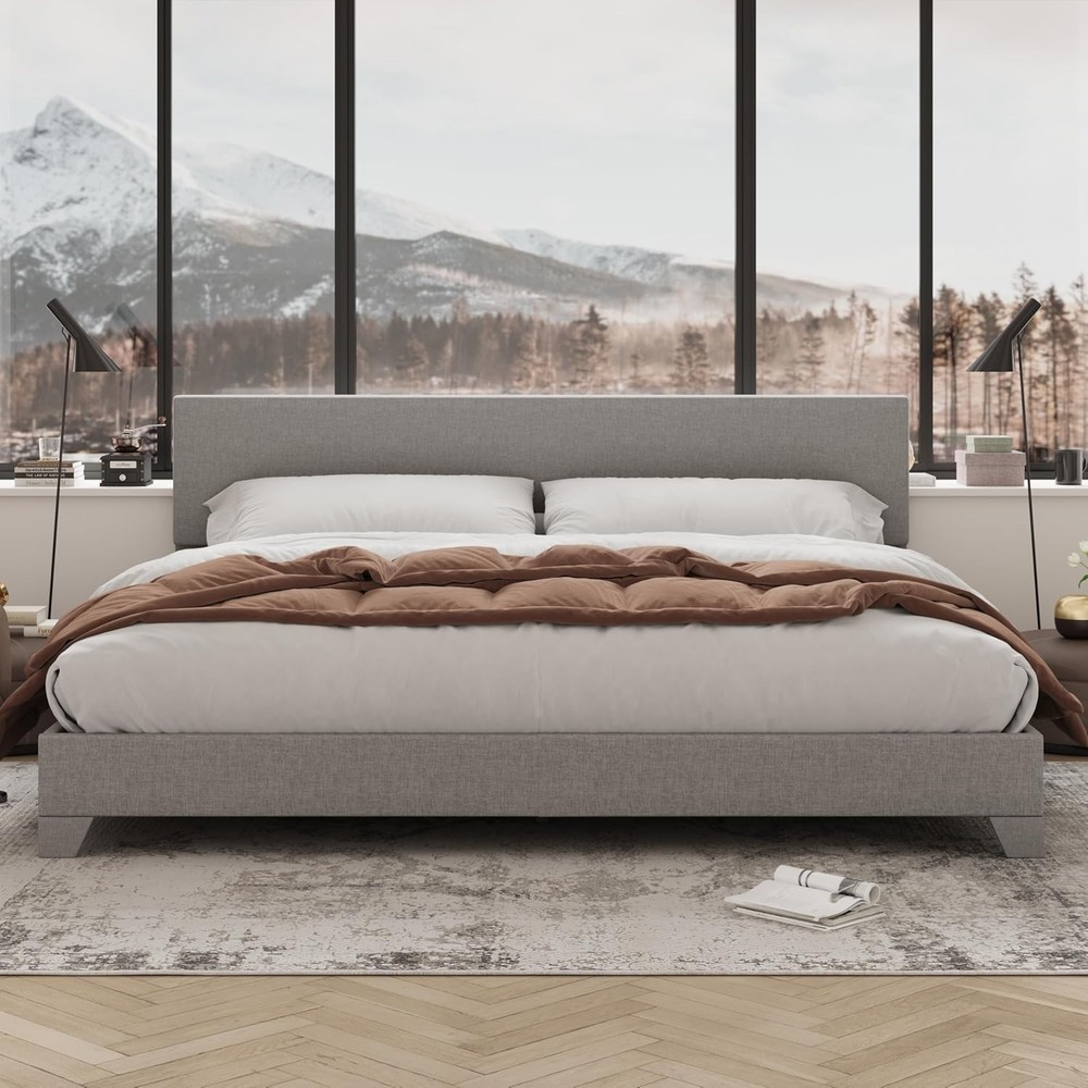 Sleek Linen Upholstered King Bed Frame, Adjustable Headboard