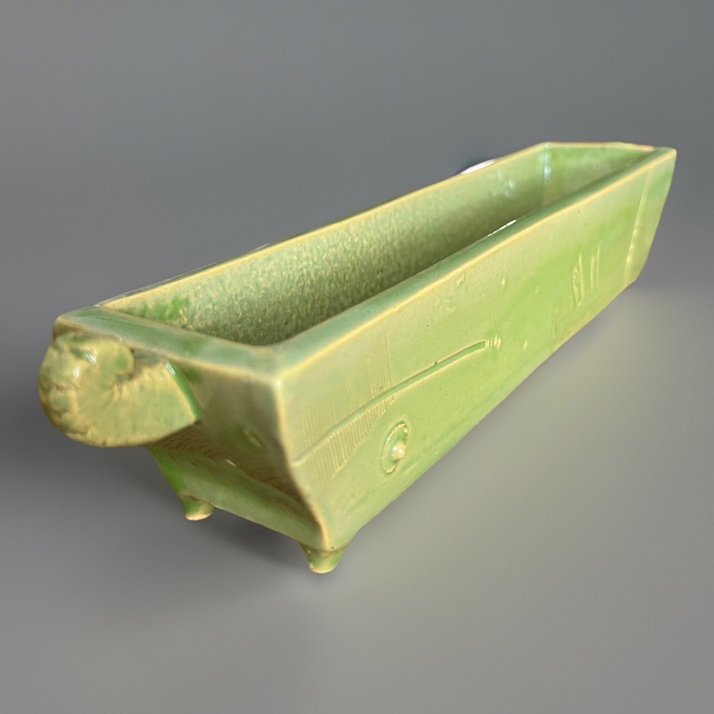 Handmade Studio Pottery Rectangular Dish Green Glazed Ceramic Tray With Handles