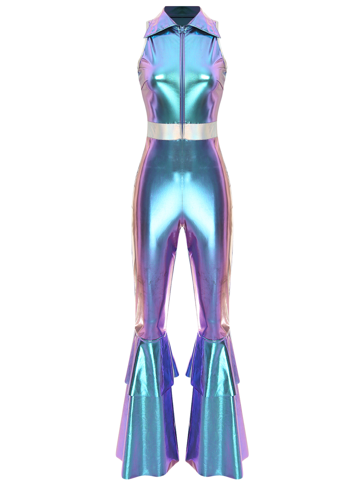 US Womens 70s Disco Costume Shiny Metallic Sleeveless Flared Jumpsuit Bodysuit