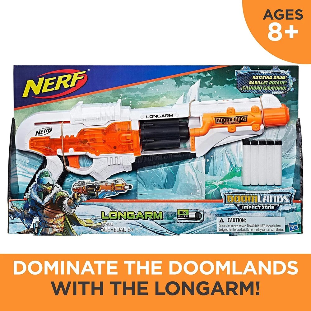 NERF DOOMLANDS IMPACT ZONE LONGARM BLASTER W/ ROTATING DRUM *DISTRESSED PKG