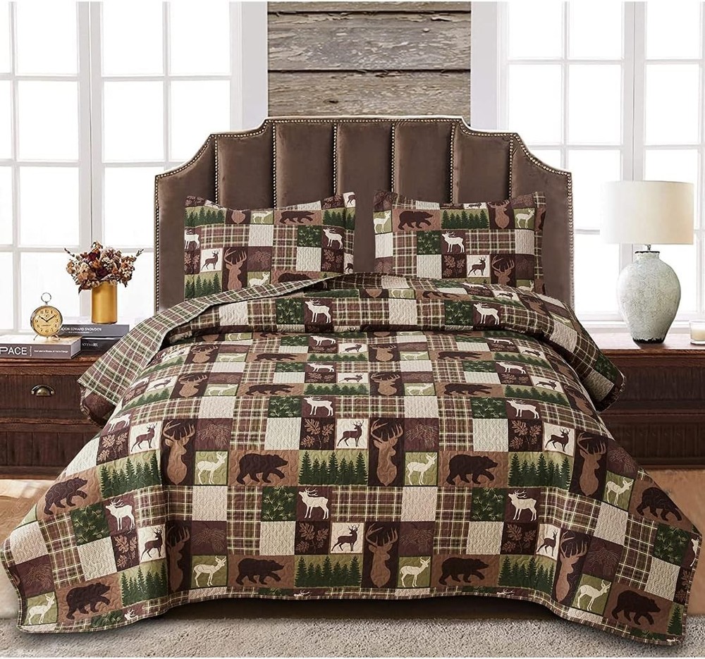 Reversible Moose Bear Quilt King Size Rustic Cabin Bedding Set