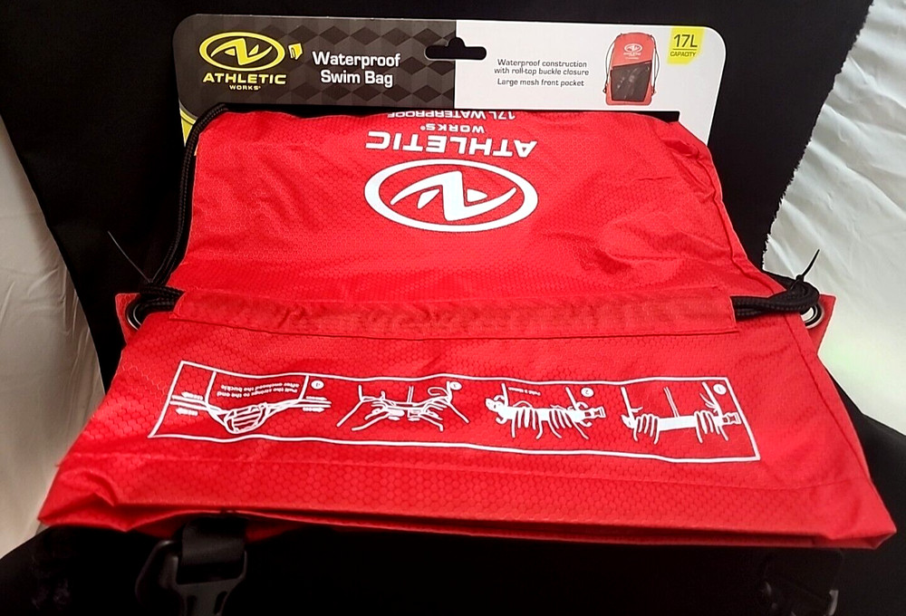 Athletic Works Waterproof 17L Mesh Swim Backpack w/Drawstring, Red Black **NEW**