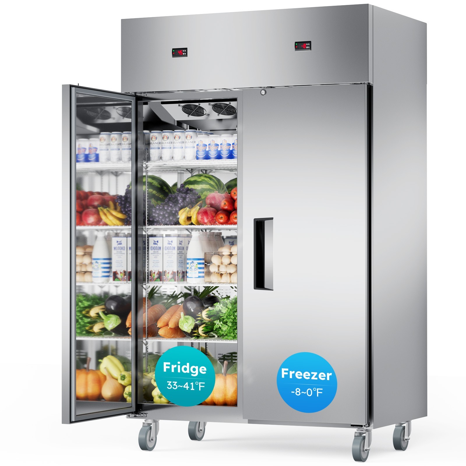 Commercial Refrigerator Freezer Combo, 2 Door 48" W Fridge Freezer Combination