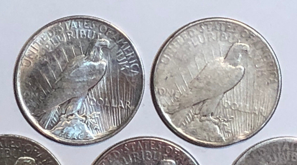 Lot of 5 Cull 1922-1935 US $1 Silver Peace Dollars, Mixed Dates & Mint Marks