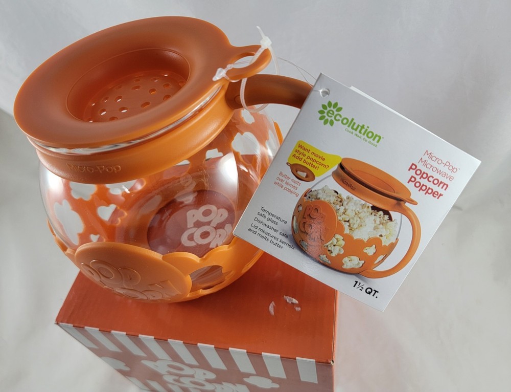 NEW Orange Ecolution Micro-Pop Microwave Popcorn Popper Temperature Safe Glass