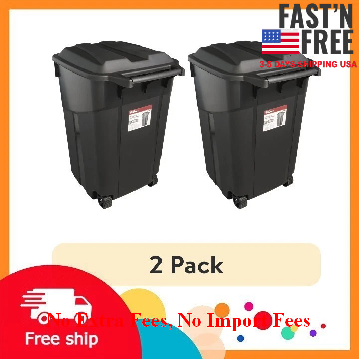 (2 pack) Hyper Tough 45 Gallon Wheeled Heavy Duty Plastic Garbage Can, NEW USA