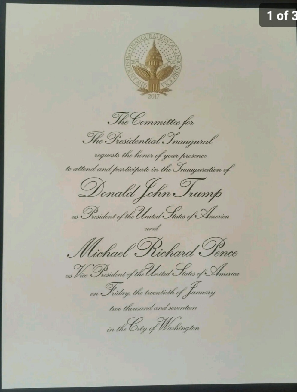 PRESIDENT DONALD J TRUMP 2017 INAUGURATION  ENGRAVED INVITATION NEW.