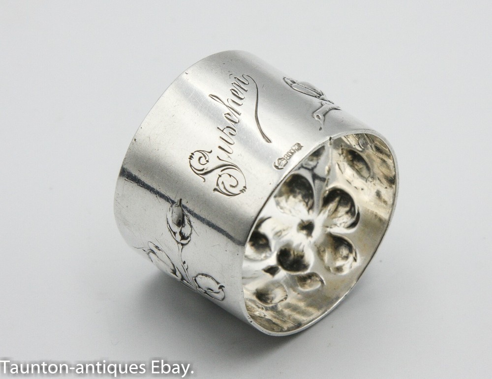German 800 solid silver napkin ring name engraved 'Suschen' Flowers rose design