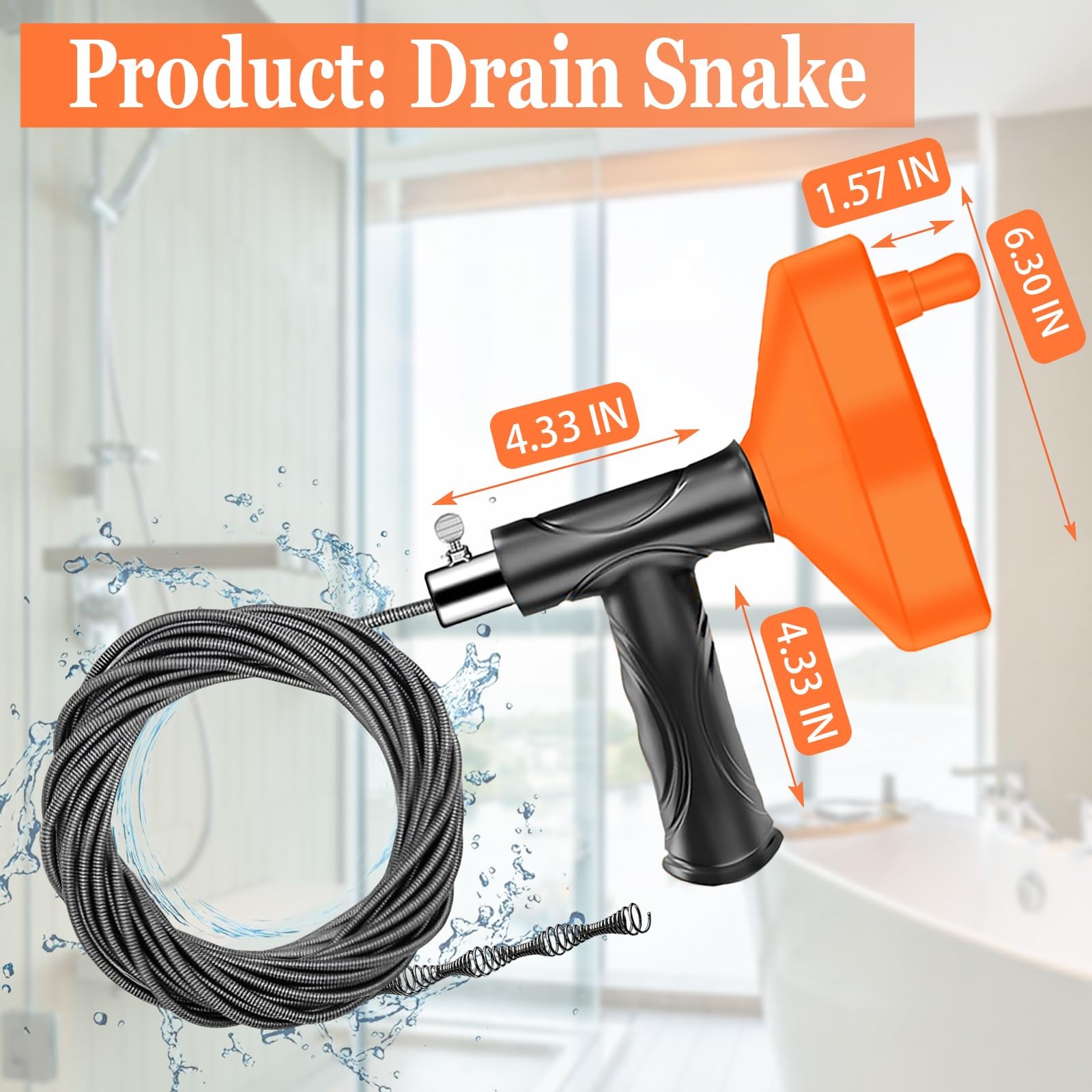 33ft Drain Auger Plumbing Snake - Heavy Duty Clog Remover for Toilet Sink Bath