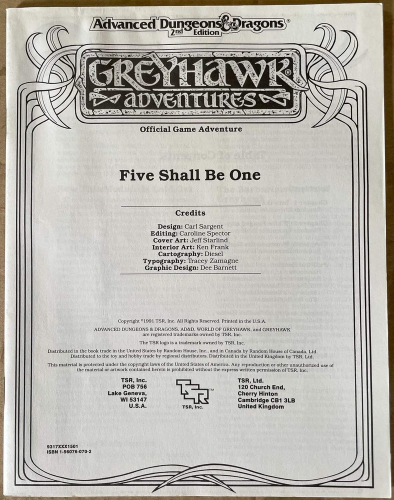 Five Shall Be One Greyhawk Adventures WGS1 9317 AD&D 2e