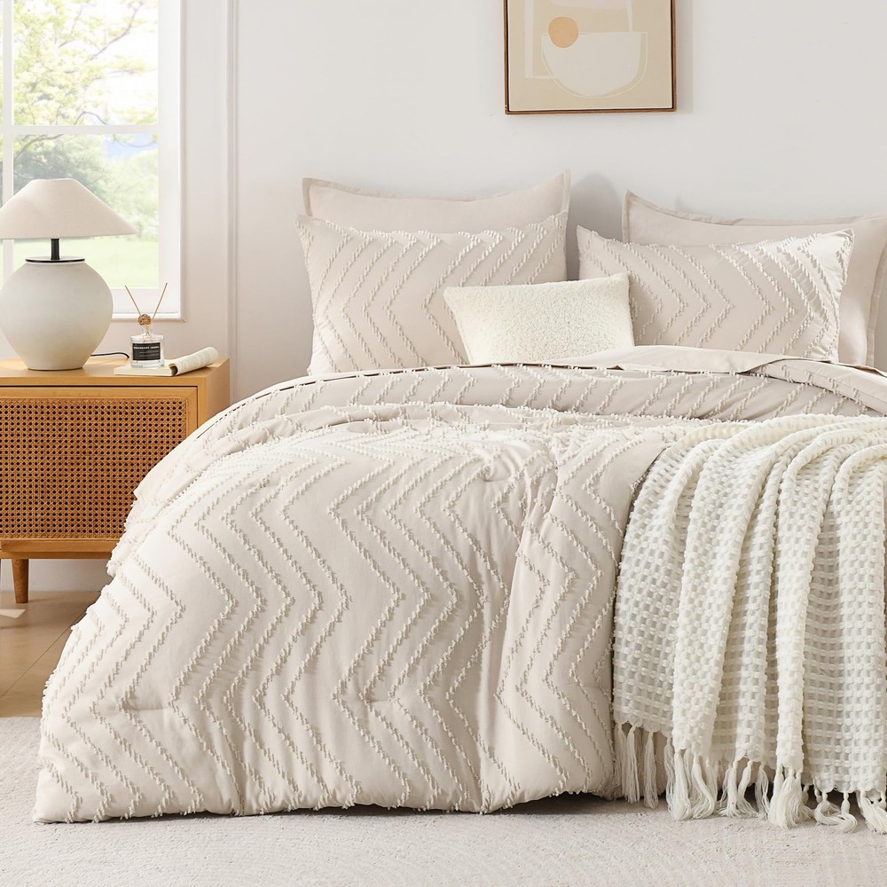 Queen Comforter Set Beige, Comforters Queen Size Boho Cream Soft Warm Tufted ...