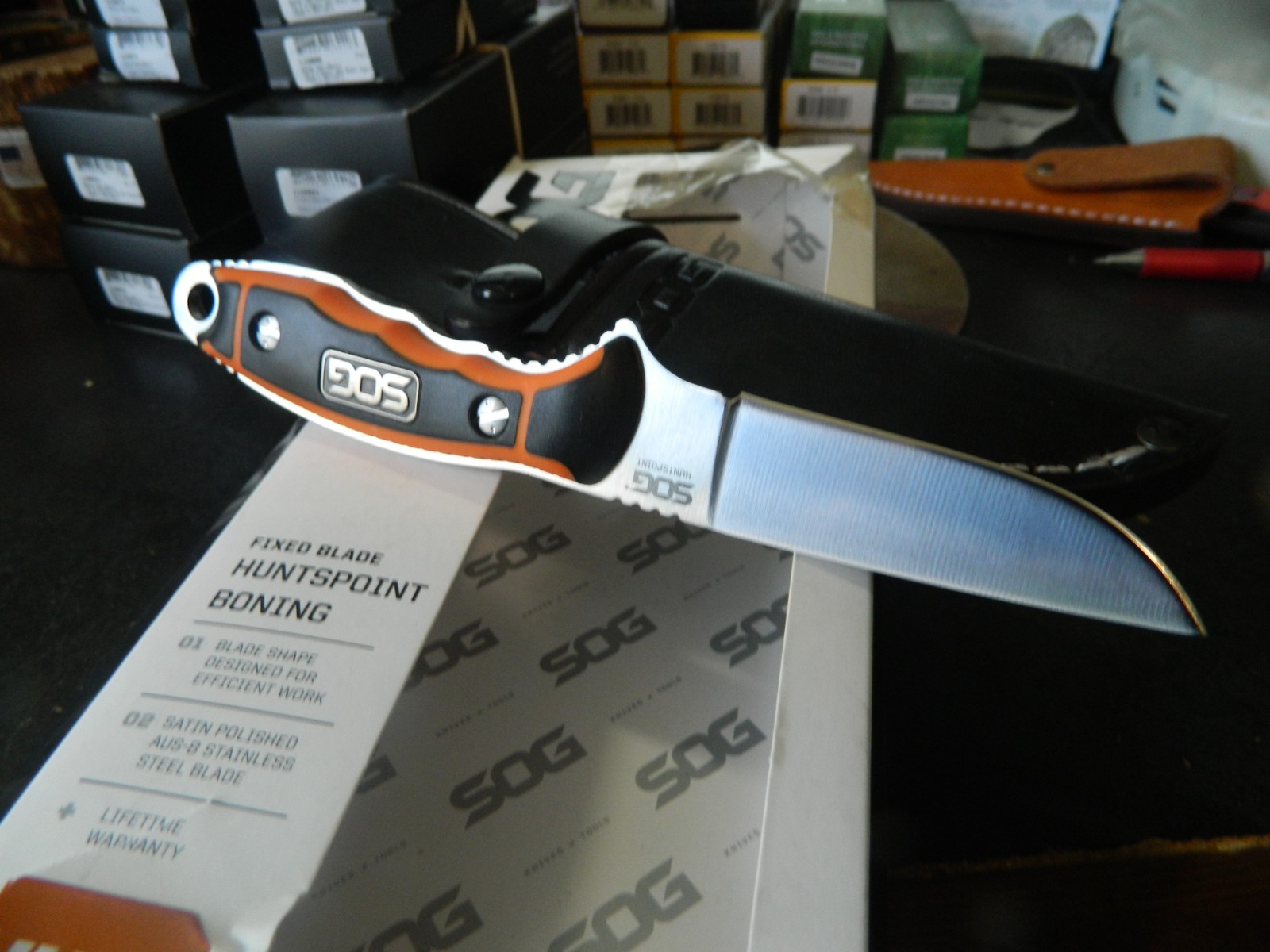 SOG KNIVES 8.2" HUNTSPOINT FIXED BLADE BLADE AUS-8 HANDLE ORANGE & BLACK GRN