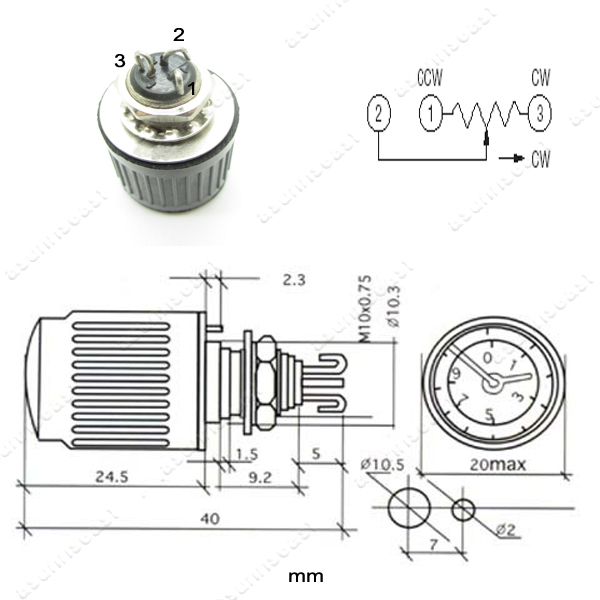 10K Ohm Precision Cylinder 10 Turn Wirewound Potentiometer Clock Dial Pointer
