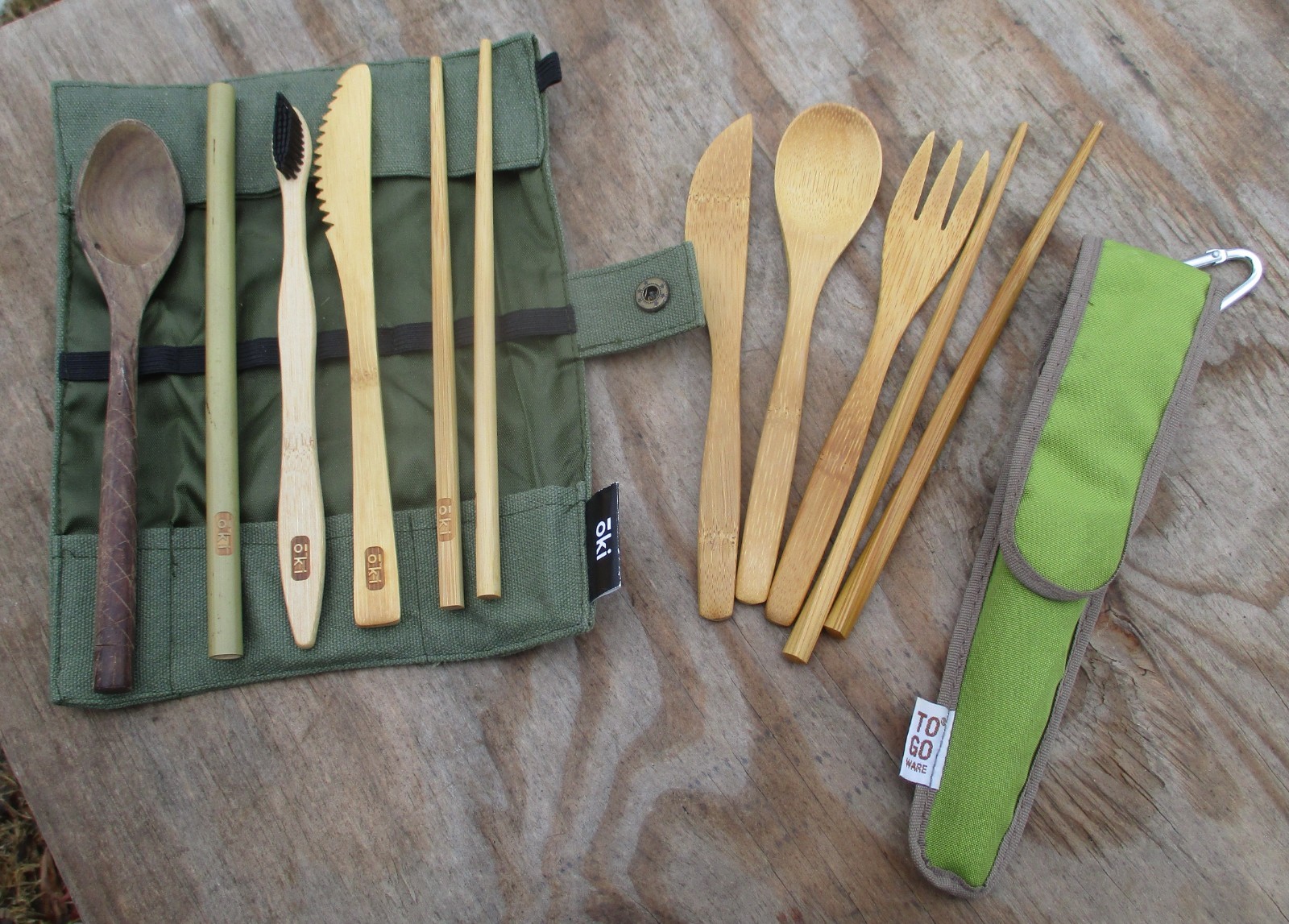 OKI & TO GO WARE BAMBOO WOODEN CAMP TRAVEL UTENSILS FORK KNIFE CHOP STICKS SPOON