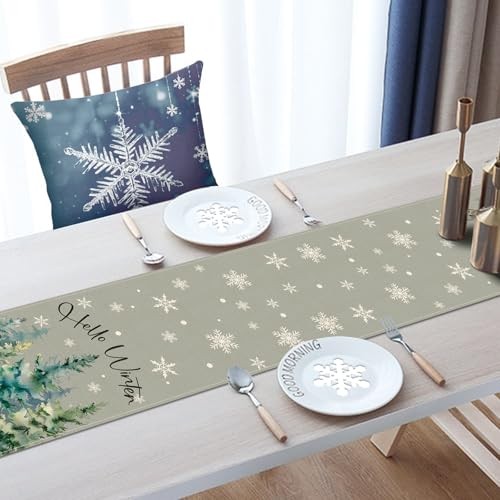 Hello Winter Pine Tree Grey Dining Table Runner, Watercolor Snowflake Burlap
