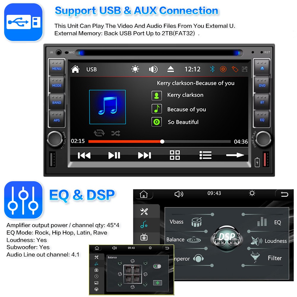 6.2" USB/SD/AUX Stereo Touch Screen Bluetooth 2 Din DVD/CD Player Remote control