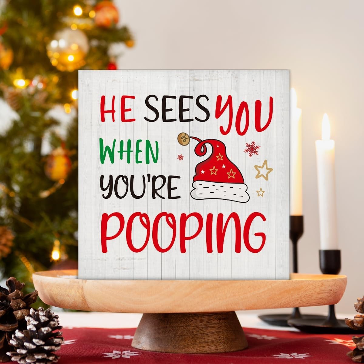 Christmas Bathroom Decorations - Funny Decor, He Sees You Pooping