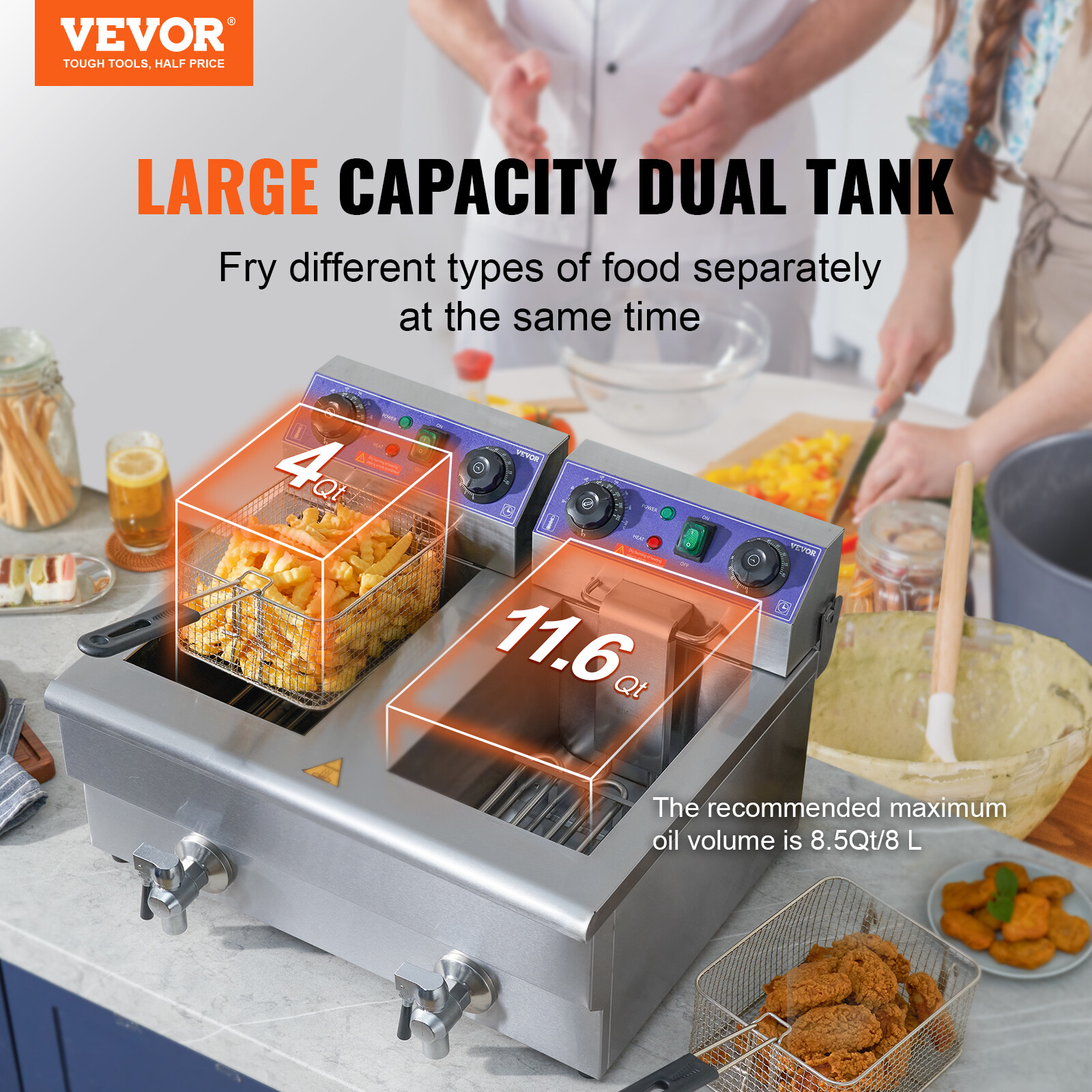 22L Commercial Electric Deep Fryer Countertop Deep Fryer w/ Dual Tanks 3000W