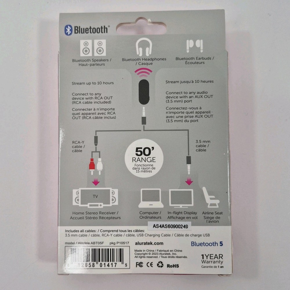 Aluratek Bluetooth Audio Receiver & Transmitter With Bluetooth 5 New Open Box