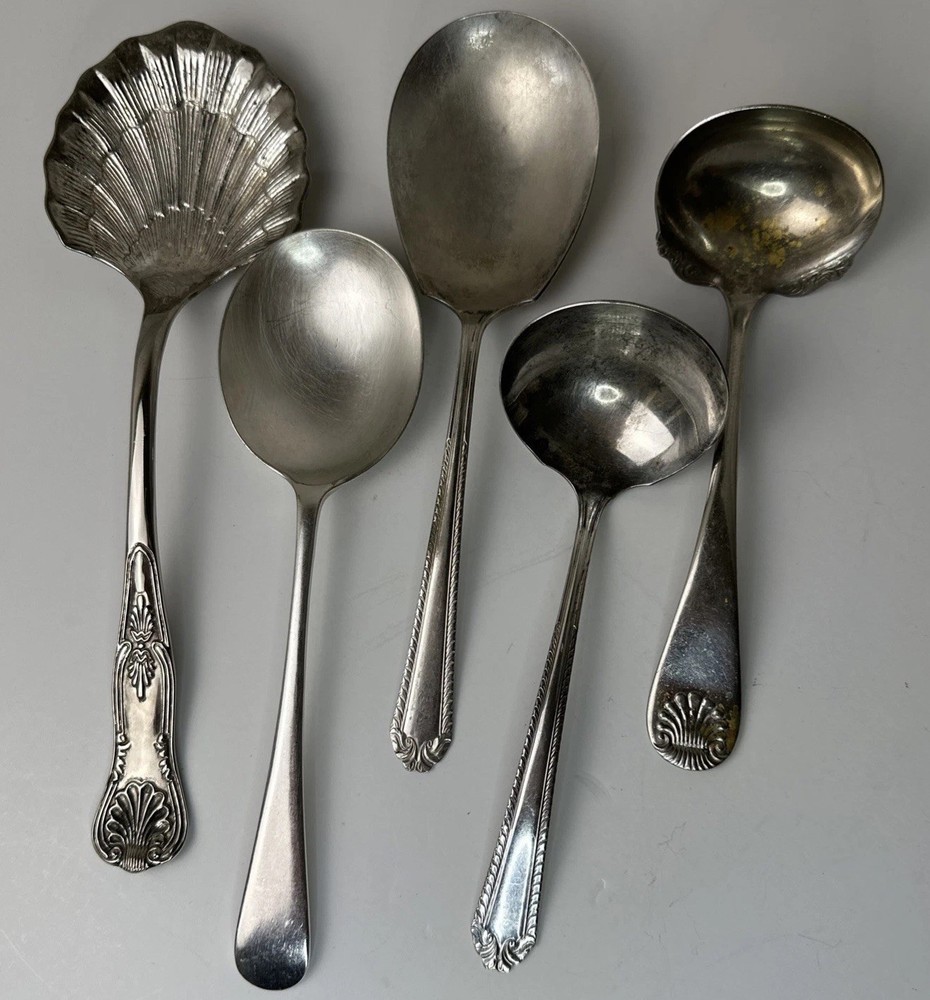 Vintage Silver Plated Serving Spoons LOT of Five (5), Nickel Plated/EP, England