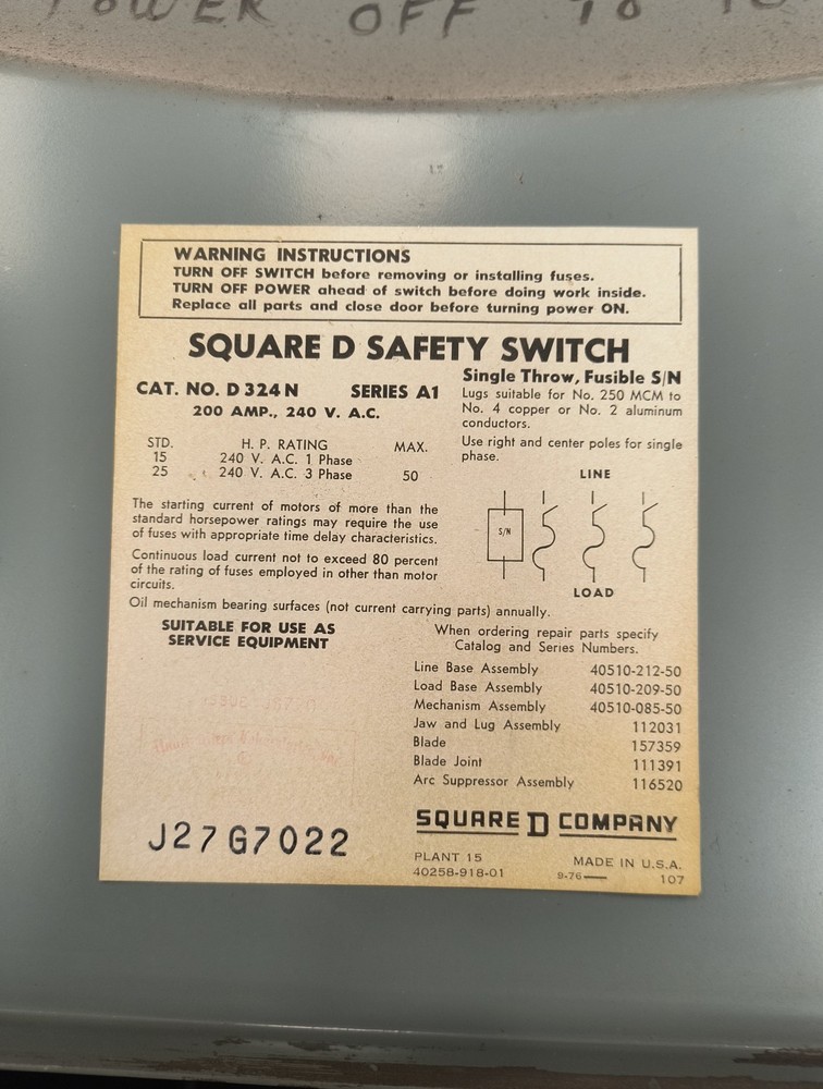 Square D D324N 200Amp Safety Switch