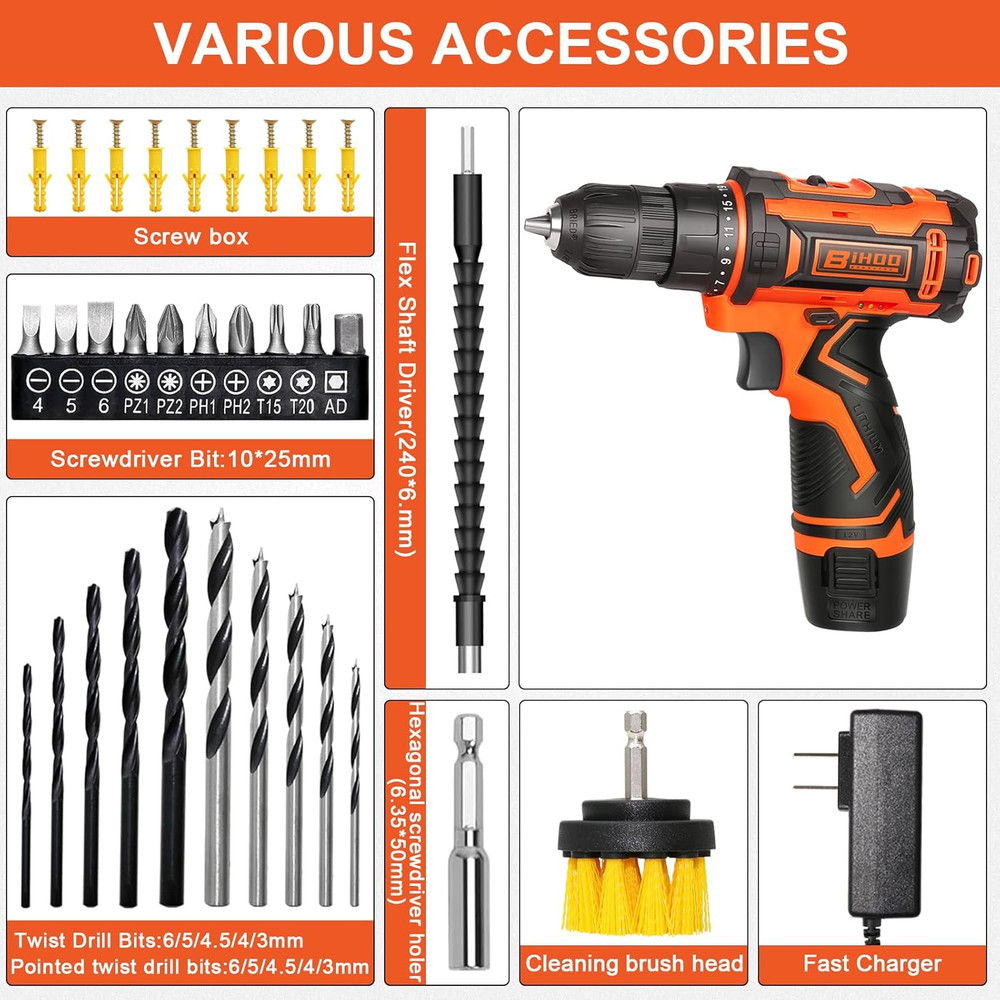 Cordless Drill Driver Set 12V,3/8"Keyless Chuck Battery Drill Kit,2 Variable Spe