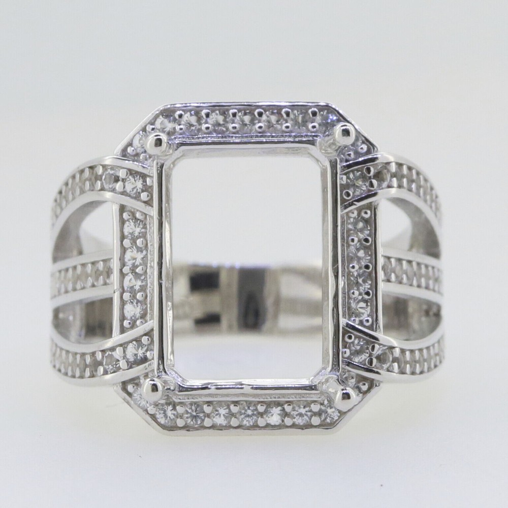 Sterling Silver Semi Mount Ring Setting Emerald OCT 14x10mm Halo Split Shank