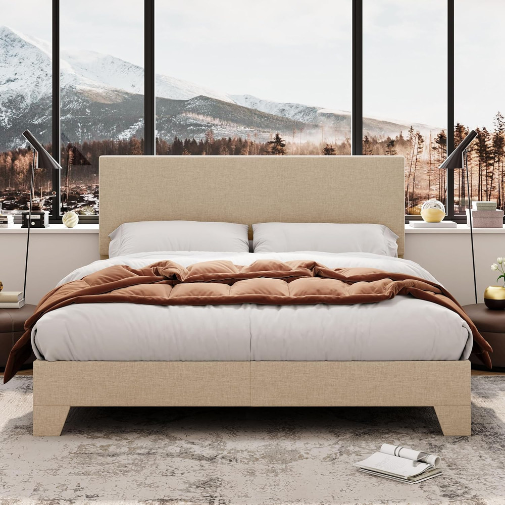 Queen Size Bed Frame with Adjustable Headboard, Upholstered Platform Bed with Wo