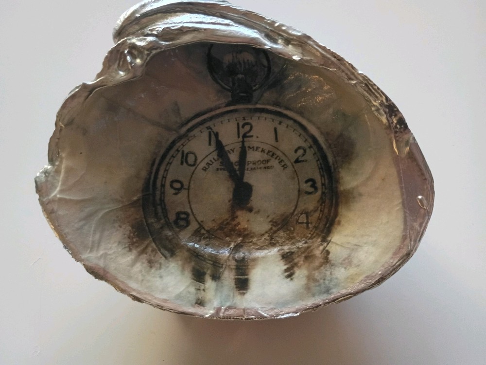 Large Clock Decoupaged Shell Jewelry Trinket Dish