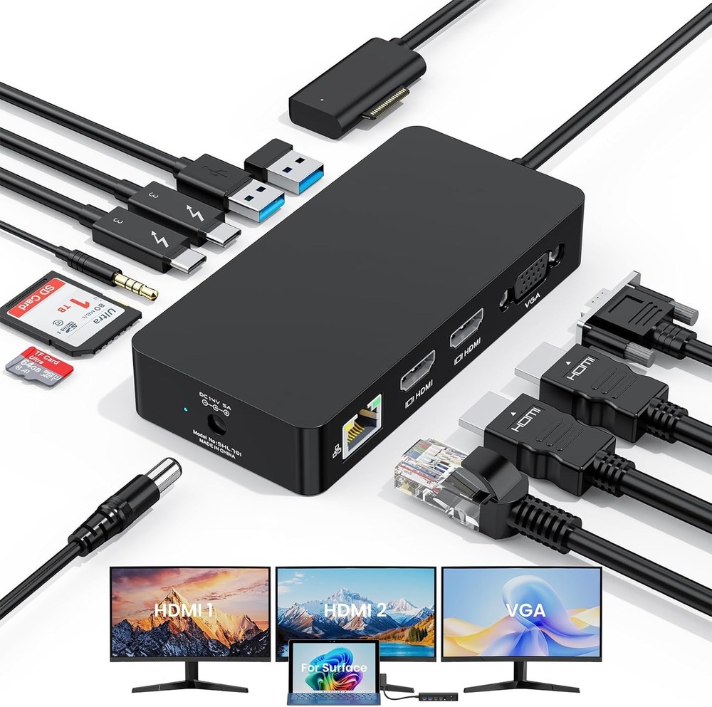 12-in-1 Surface Dock, Triple Display Support with 2 HDMI + VGA, Surface Docking