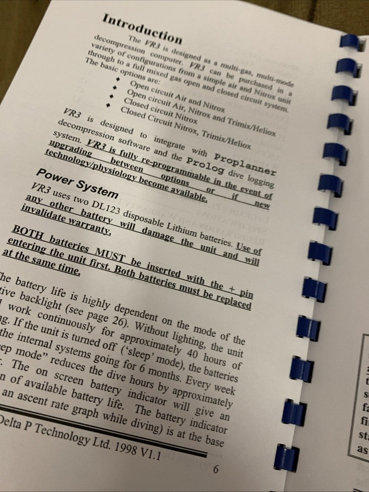 VR3 Scuba Decompression Computer Multi gas Multimode Operators Manual V1.1