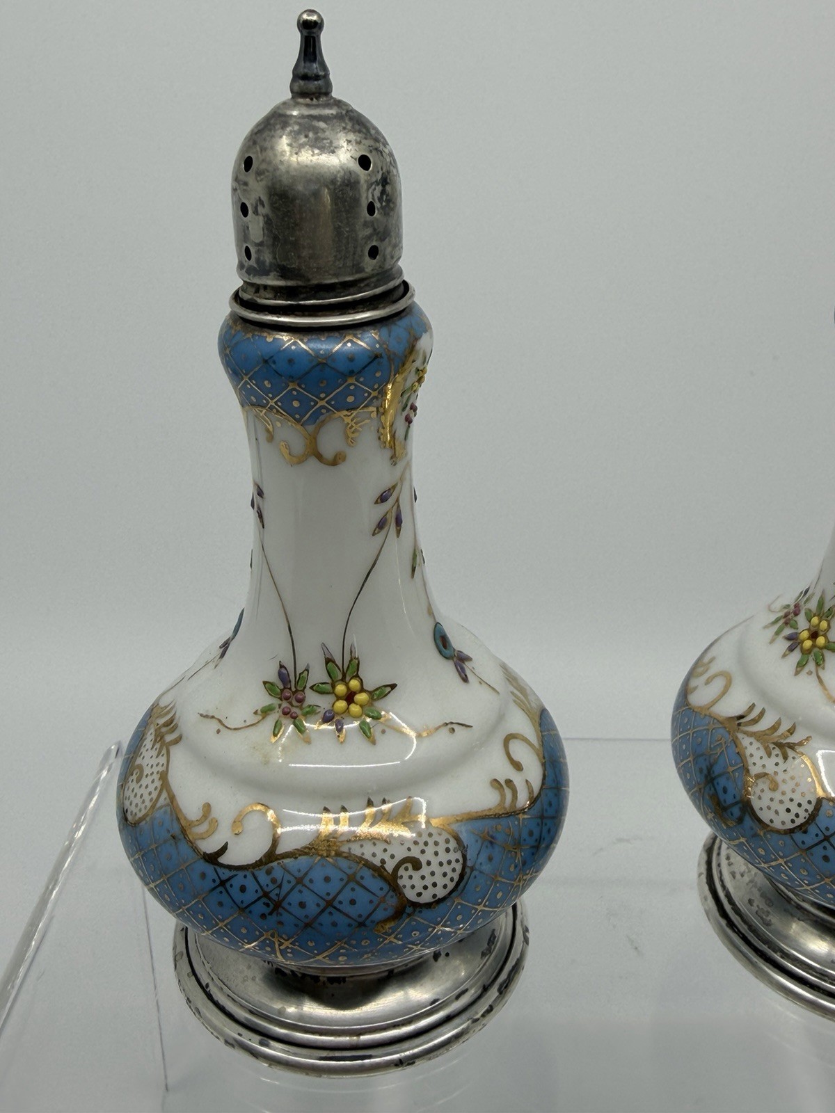Antique Ornate Porcelain China Salt And Pepper Shakers Sterling Silver