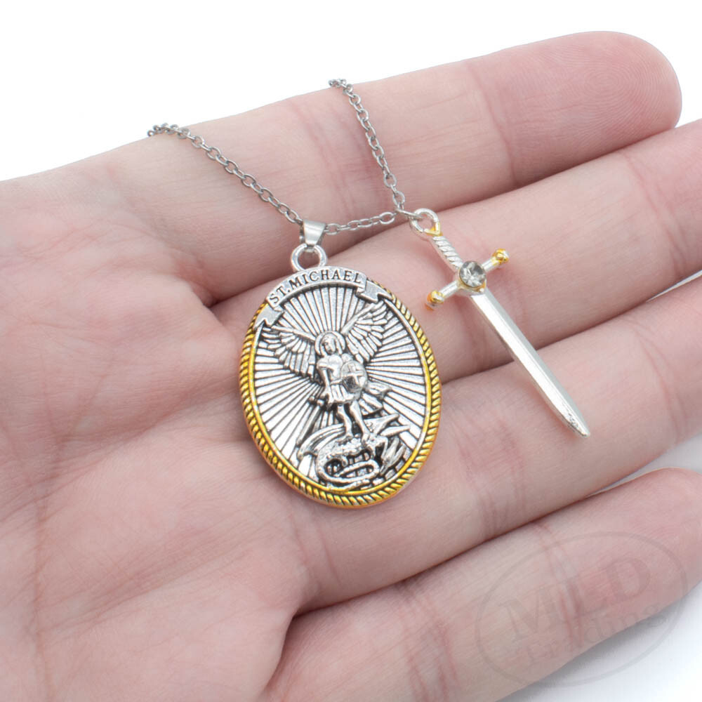 Saint St Michael Pendant Necklace, Oval Silver-Gold, Sword Charm, Ephesians 6:10