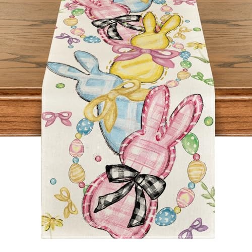 Floral Bow Bunny Rabbits Eggs Easter Table 13" x 60", Table Runner Beige