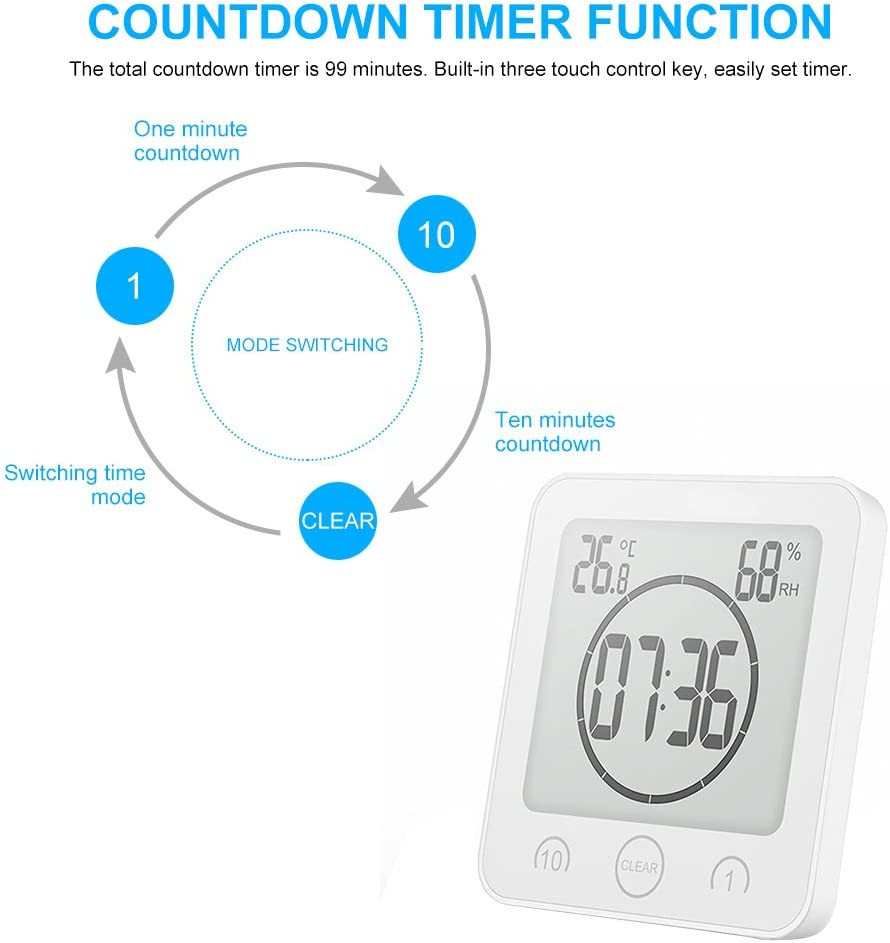 Shower Wall Clock, Digital Kitchen Timer with Alarm, Waterproof Touch Screen Tim